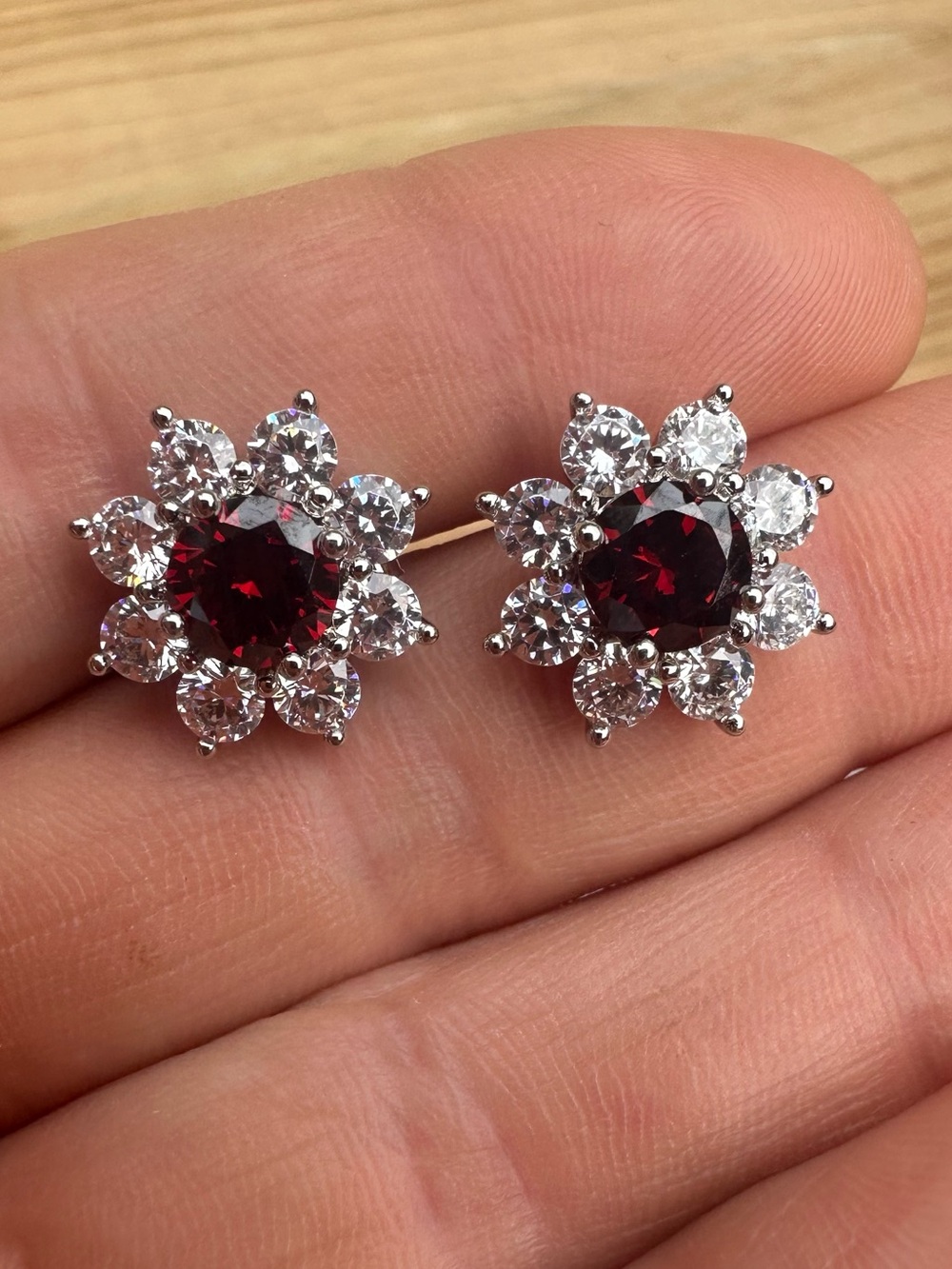 Ruby Center Silver Floral Halo Stud Earrings for Women